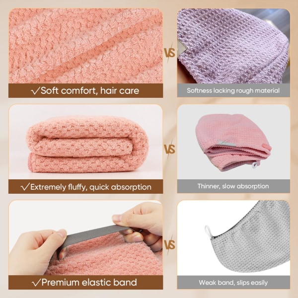 2-pack stora mikrofiberhårhandduksinpackningar för kvinnor, rosa-supermjuka, snabbtorkande turbaner för långt, tjockt, lockigt hår - Antifrizz-inpackning med elastisk rem