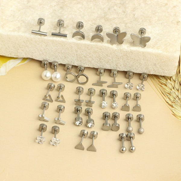 18 par örhängen i rostfritt stål för kvinnor små broschörhängen geometrisk platt set silver