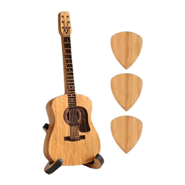 Træguitarplukkesæt med stativ - 3 unikke guitarplukke i indgraveret plektrum, ideel til elektrisk bas, guitar, ukuleleentusiaster
