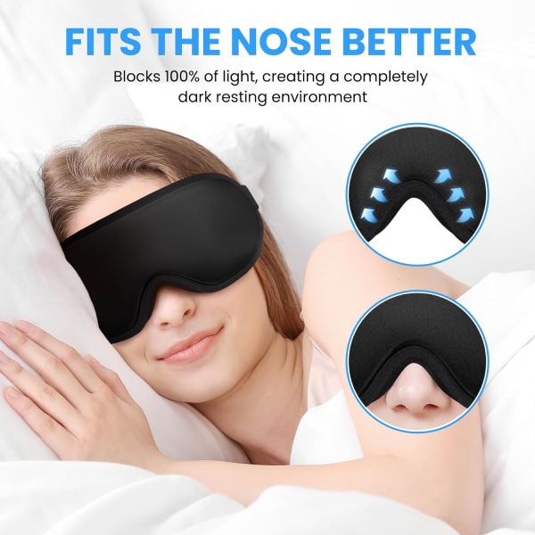 3D-søvnmaske, 100 % lysblokerende sovemaske, blød og åndbar øjenmaske med memoryskum med ørepropper til rejser, lur