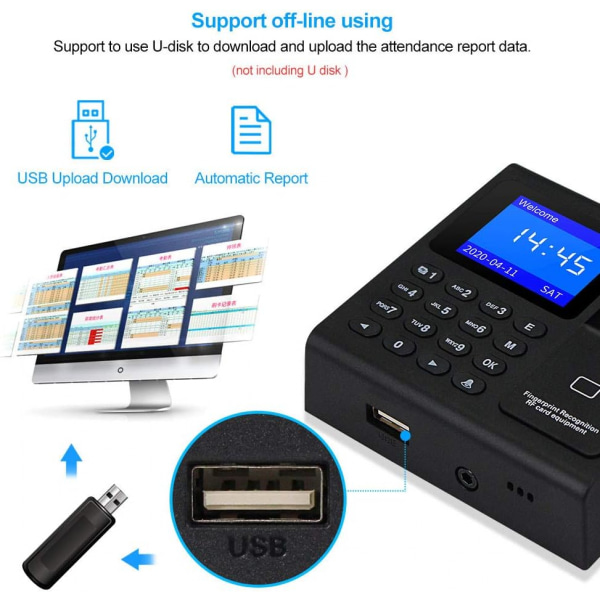 1,8 tuuman TFT-sormenjälkien kulunvalvontajärjestelmä RFID-kortin salasana-näppäimistötuki 1000 käyttäjän USB aikavalvontalaite + 10 avainketjukortti One machine