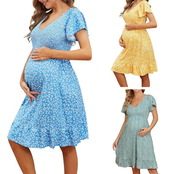 Gravide kvinner Floral V-hals volanger Midi-kjole Graviditet Maternity Wear Dress green L