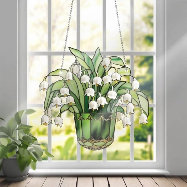 Lily of Valley Suncatcher, farvet akryl solfanger, krystal solfanger, kunstige blomster farvede glas vinduesophæng 23x23cm