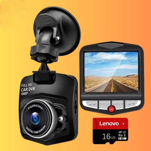 Dashcam Bilkamera Dashboard Full HD 16GB SD-kort videooptager Black and16G