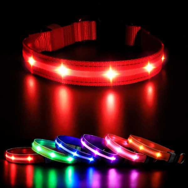 LED lys op hundehalsbånd - USB genopladelig og vandtæt - 3 blinkende tilstande - Super lys justerbar halsbånd til små, mellemstore, store hunde L Red