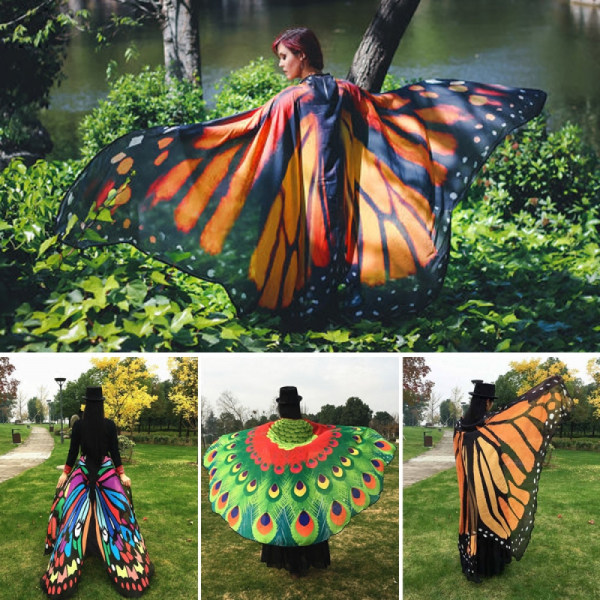 Halloween/fest sommerfuglevinger kostumer til kvinder, Sommerfugle sjal i blødt stof Fairy Damer Nymph Pixie Festival Rave kjole A 197x130CM
