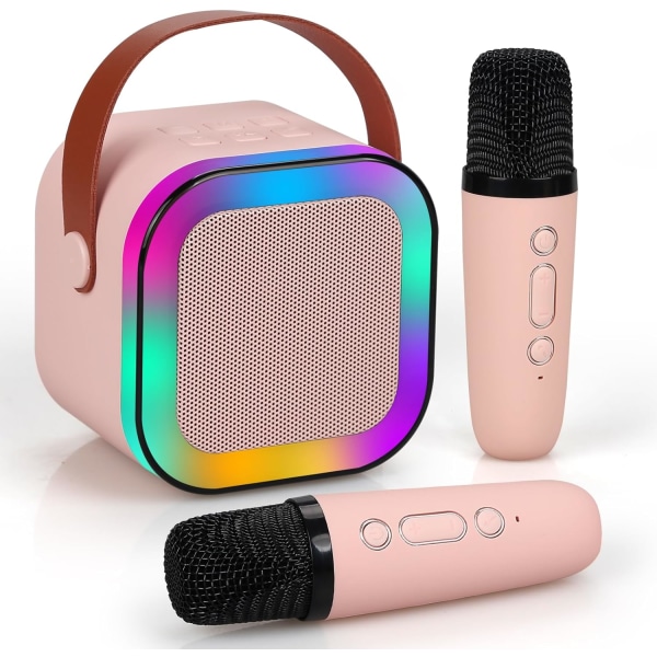 Karaokelaite lapsille ja aikuisille, Mini Kannettava Blue-Tooth Karaoke-kaiutin, jossa on 2 langatonta mikrofonia ja dynaamiset valot, Koti KTV, Ulkona, Matkailu pink