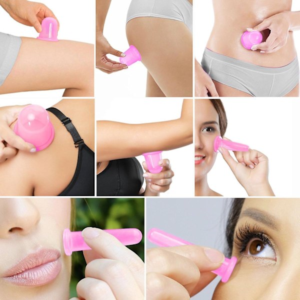 Sommarrea Het Försäljning Koppningsterapi Set 7st Silikon Anti-Cellulit Kopp Vakuum Sug Massage Koppar Ansiktskoppningsset Kropp och Ansikte (Rosa)