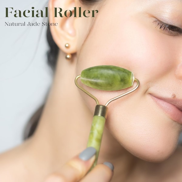 Jade Roller og Gua Sha Set, BEMEX Facial Roller og Gua Sha ansiktsverktøy for ansikt, nakke og øyepleie, Ansiktsrulle for daglig hudpleie.