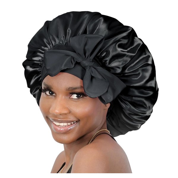 Silkebonet for sovende kvinner Satengbonet Hårbonnet nattesøvnhette skjerfinnpakning for krøllete hår med knytebånd Svart Navy