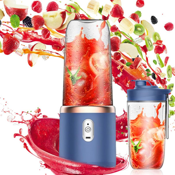 Kannettava blender 350 ml, Smoothie-pirtelöpullo, Kannettava Smoothie- blender, Vuototiivis kansi, USB -ladattava 6 terällä Blue