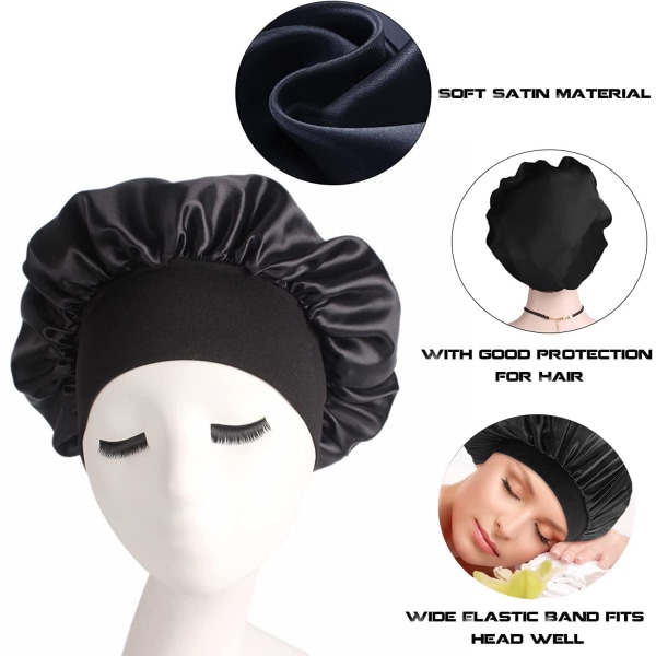 Satin Silk Bonnet för att sova, Satin Silk Hair Bonnets för sovande kvinnor, Svart Widesoft Band Satin Sleep Cap Hårinpackning för lockigt hår duschmössa