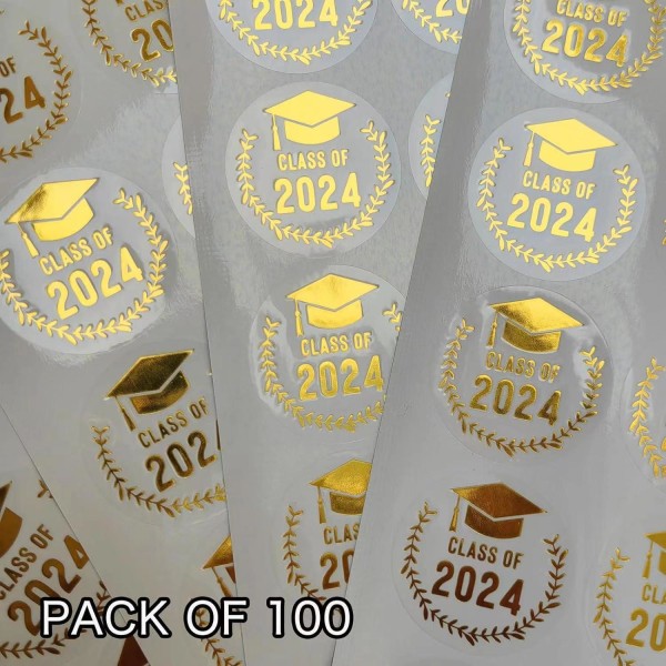 Klasse av 2024 Gold Graduation Stickers - Sett med 100 Premium Pregede Stickers for Graduation Announcements & Party Seal gold