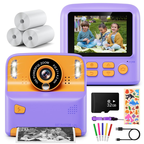 Kids Camera Instant Print, 1080P Instant Camera, 2,4" näyttö Lasten kamera 32 Gt:n kortilla 3 rullaa print Purple