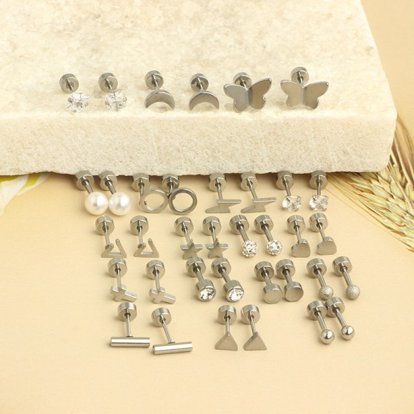 18 par örhängen i rostfritt stål för kvinnor små broschörhängen geometrisk platt set silver
