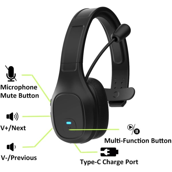 Trucker Bluetooth Headset, Trådløst Headset med Mikrofon Noise Cancelling til PC Laptop Mobiltelefon, 32H Taletime Telefon Headset black