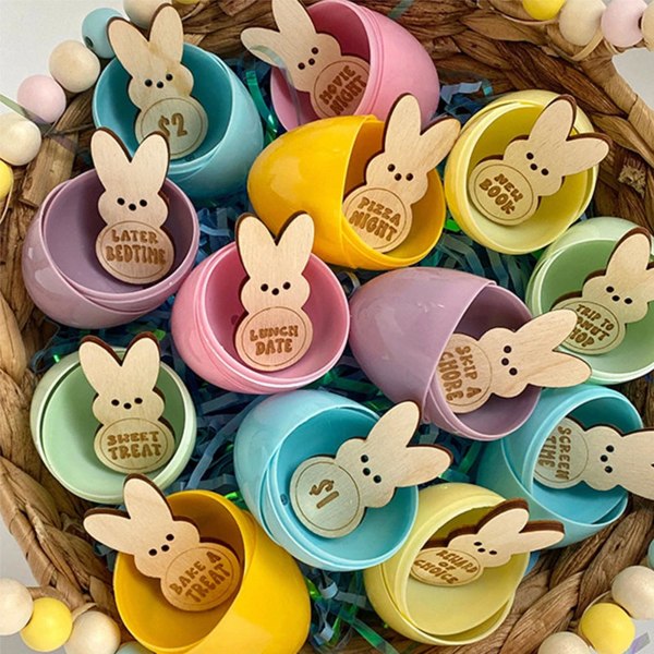 Easter Kids Reward Bunny Polletter - Träpolletter med graverade ordstäv - Set med 10 äggpolletter - Perfekta påskäggsfyllmedel och presenter för barn 21 pcs