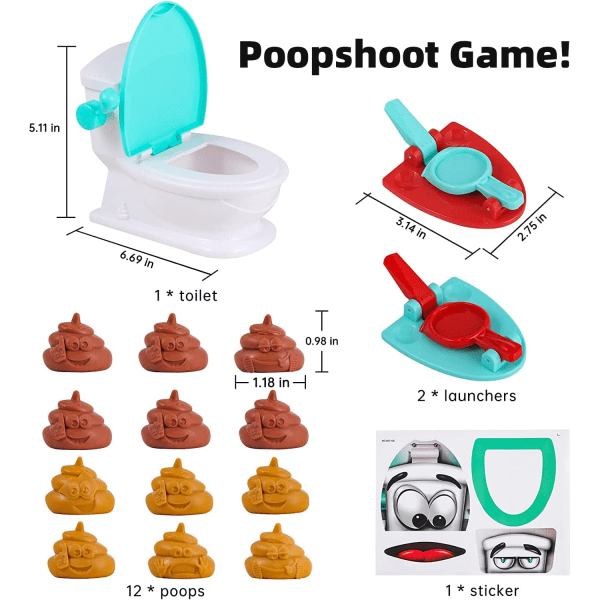 Poop Shoot -pelilelu lapsille, luovat WC-kakkapelilelut, hauska perhepeli, sisältää 12 kakkaa, 2 kantorakettia ja tarra