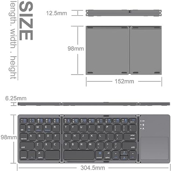 Sammenleggbart Bluetooth-tastatur i lommestørrelse - Mini-trådløst tastatur med pekeplate, kompatibelt med Android, Windows, nettbrett