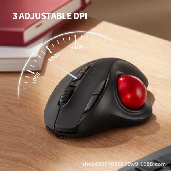 Langaton Trackball-hiiri – 2.4G USB + Dual Bluetooth Rollerball-hiiri, helppo peukaloohjain, ladattava ergonominen hiiri Trackball for Mac, kannettava tietokone black red ball