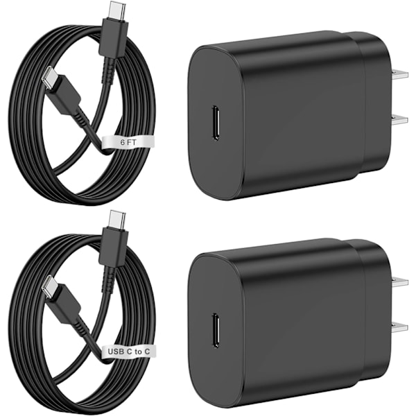 2-pakning - For Samsung Galaxy S22, S21, Note 20 Hurtiglading, 25W USB C Vegglader Superrask Lader Type C Blok & 1,8m Android Telefon Ladekabel for