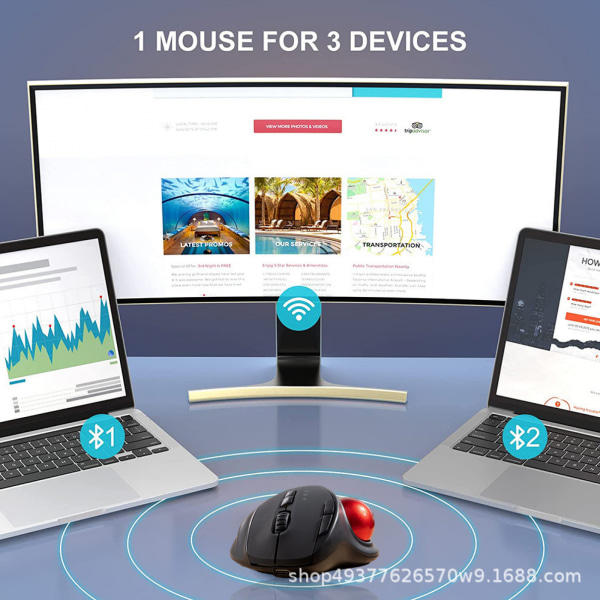 Langaton Trackball-hiiri – 2.4G USB + Dual Bluetooth Rollerball-hiiri, helppo peukaloohjain, ladattava ergonominen hiiri Trackball for Mac, kannettava tietokone black red ball