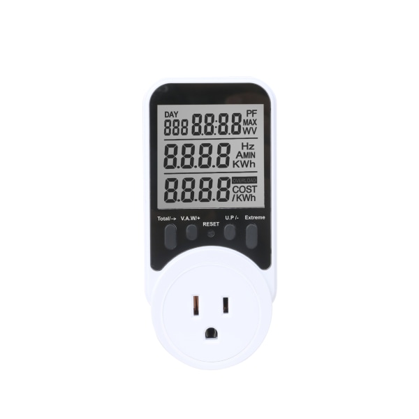 Plug-in wattimittari laajalla jännitteellä, suuri taustavalaistu näyttö, automaattinen kustannuslaskuri, ylikuormitussuoja | Sähkönkulutuksen valvonta