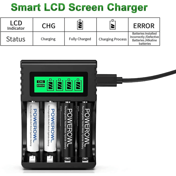 Uppladdningsbar batteri snabbladdare, LCD för Ni-MH/Ni-CD AA/AAA, oberoende kortplats och USB snabbladdning