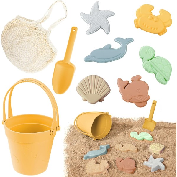 Modernt silikon set - 8 delar inklusive hink, spade, molds och strandväska | Resevänlig, sandlådekul för småbarn och barn Brick red