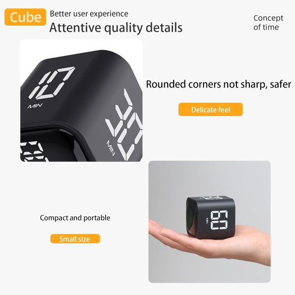 Cube Timer - Rotationstimer med anpassad nedräkning - Tyst, vibrerande och justerbart ljudlarm - Perfekt för uppgifter, arbete, studier och kök Black