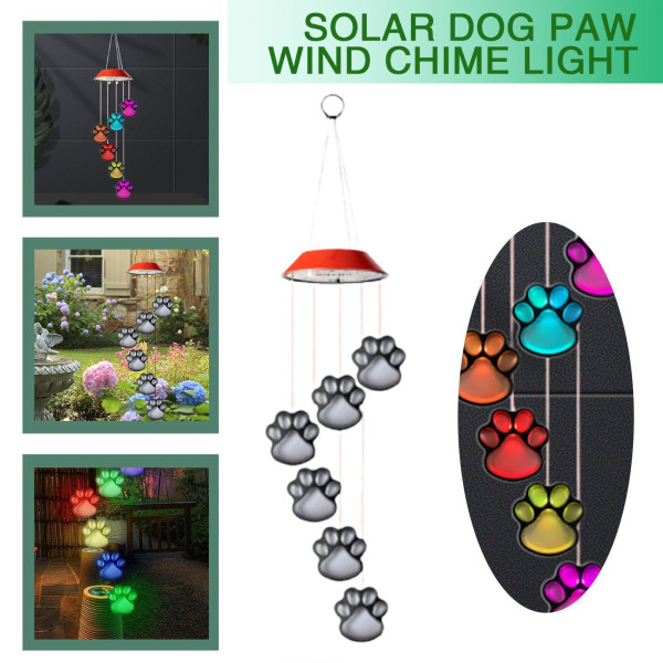 Solar Powered Dog Paw Light Wind Chimes Lampe Farve Ændring Hjemmehave Yard NY black shell