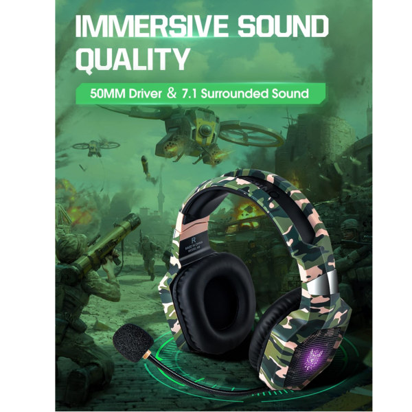 Gaming-headset med mikrofon til PS4 PS5 Xbox-pc med RGB-lys, PlayStation-headset med støjreducerende 7.1 Surround Sound Over-Ear og kablet 3,5 mm-stik Camouflage green (ZXK90104)