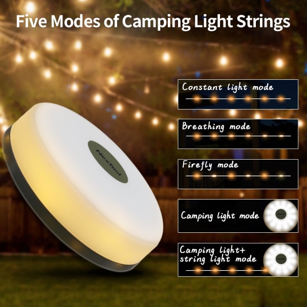 Camping Lights String - 5 valaistustilaa, kestävä ja vedenpitävä - USB lataus, kannettava retkeilyyn, pihalle, retkeilyyn (32,8 jalkaa)