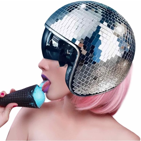 Discoboldhatte - Udtrækkeligt visir - Glitterspejl Discoboldhjelm i glas til kvinder, mænd - Perfekt til DJ-klub, scene, fest, bryllup Rose gold