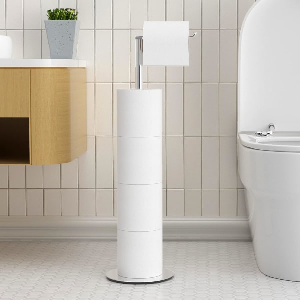 Stativ och dispenser för toalettpappershållare för 4 reservrullar, förvaring av toalettpapper, fristående förvaringshylla för toalettpapper i rostfritt stål White Double layer