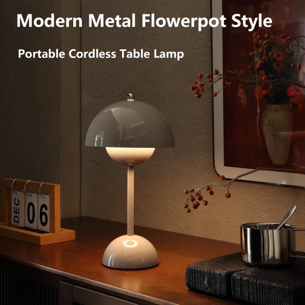 Blomsterpotte Trådløs bordlampe, Trådløs Touch-bordlampe, Dimbar oppladbar bordlampe med sopp, Liten nattbordslampe Grey