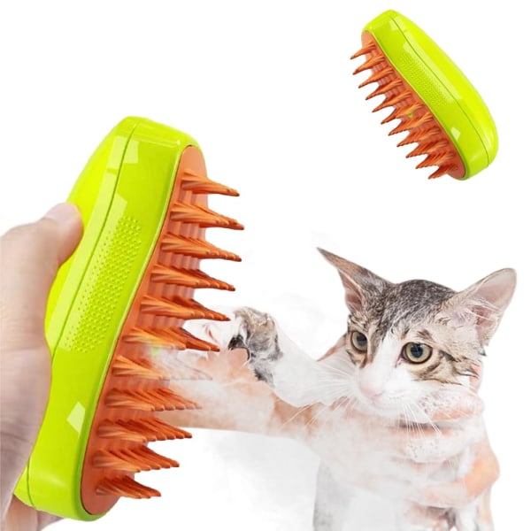 Hiborth Cat Steam Brush - 4-in-1 monitoiminen itsepuhdistuva harja hierontaan - Silikoni lemmikkiharja karvanpoistoon (keltainen) Green