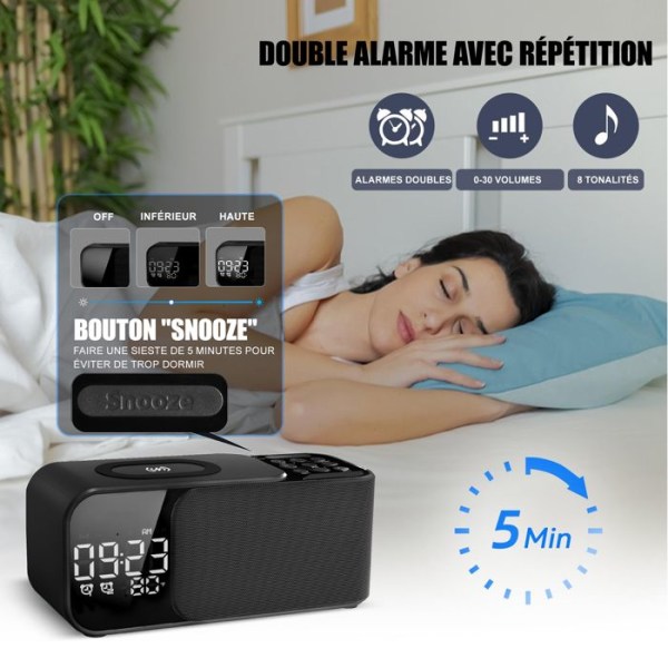 Bluetooth väckarklocka-högtalare - YANX - Bluetooth-högtalare - med väckarklocka och trådlös laddning - Radio - Nattljus - med klocka