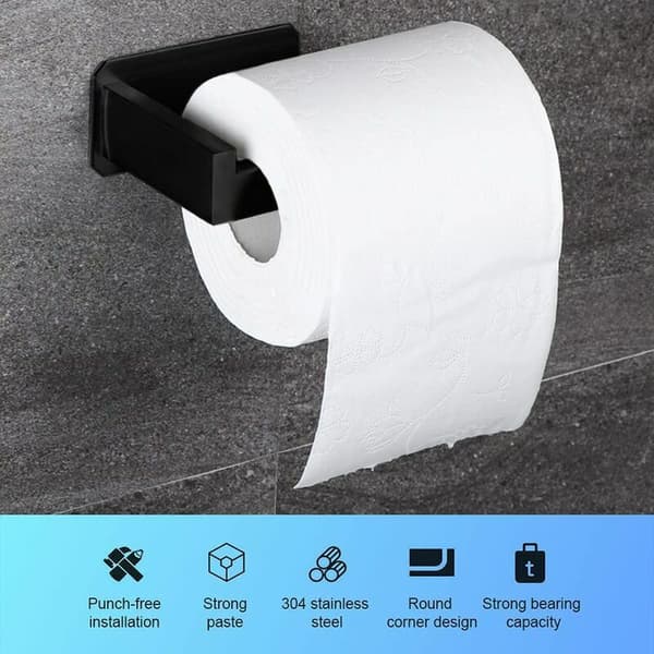Mat Sort Firkantet Rør Toiletpapirholder Uden Boring, Rektangulær Base, Enkelt Arm, Endestop, Badeværelse, 1 Stk
