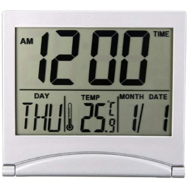Vikbar bärbar skrivbords digital LCD-display termometer kalender väckarklocka, digital väckarklocka batteridriven för resor med datum