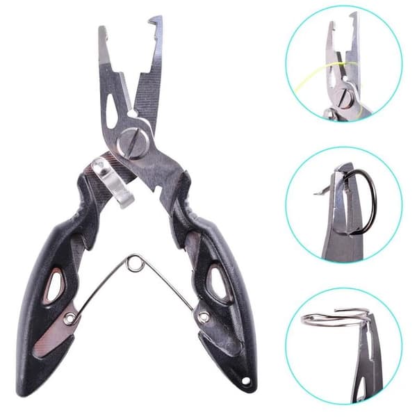 Fisketang Saks Multifunksjon Rustfritt Krokfjerner Lineskjærer Riflet Nese ~12.5cm Svart 1Stk