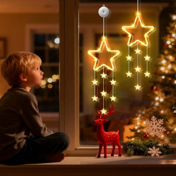 LED-stjerner julelys, pakke med 2 stjernevinduslys, varmhvit, batteridrevet med timer, 8 moduser Pack of 2
