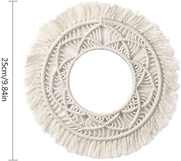 Boho Rund Väggdekor Ram Yttre 25cm Inre 15cm Bomullsrep Metallring Spegel Ingår Ej