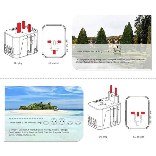 Blå bærbar universal strømomformer stik Multi-land Smart USB-opladning 100-240V Dobbelt sikring