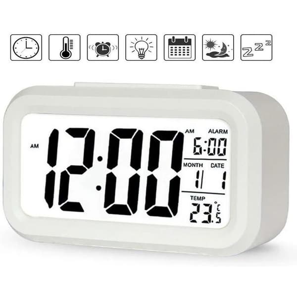 LED Digital Väckarklocka Datum Temp 12/24h Dimbar ABS Batteridriven Vit för Sovrum Kontor