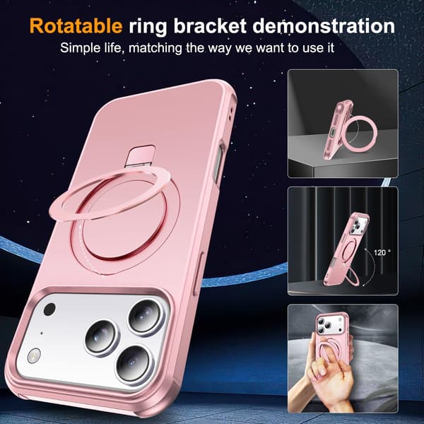 Kompatibel med iPhone 17 Pro-deksel med stativ, rosegull, magnetisk ringstativ SKYLMW Compatible with