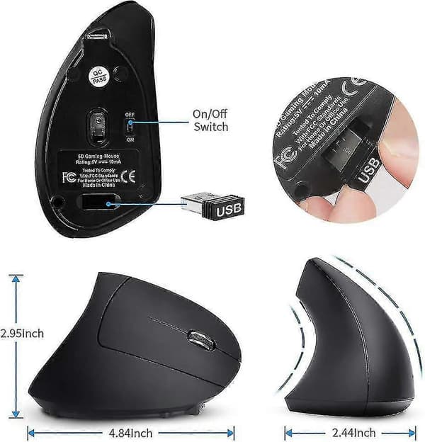 Sort Ergonomisk Vertikal Trådløs Mus, Genopladelig, 2.4G Bluetooth USB, 6 Knapper Ergonomic Vertical Wireless