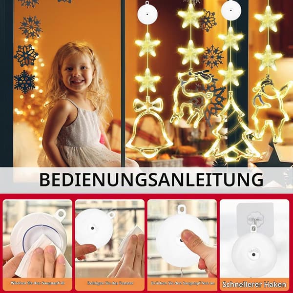 Sett med 4 LED jule sugekopplys, stjerne + elementer, varmhvit, batteri med timer Set of 4