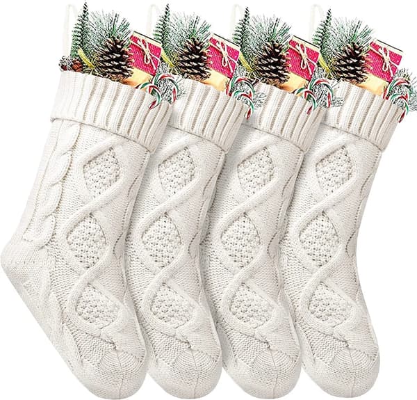 Julstrumpor 4-pack 35,6 cm Stickat Mönster Elfenbensvit Jul Heminredning