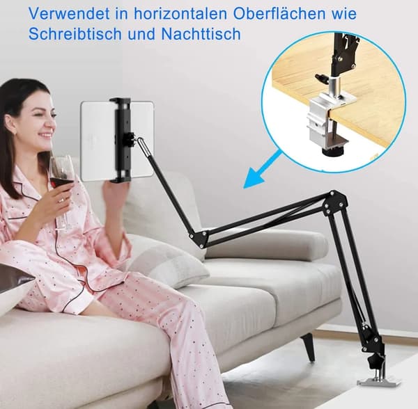 Nettbrettstativ 360° roterende med solid aluminiumsarm for iPad, nettbrett, telefon